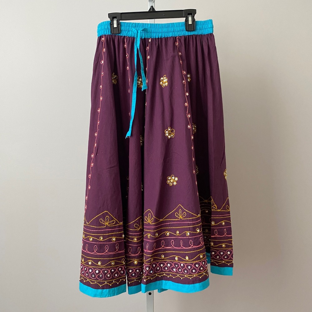 Mamta  Boho Beachy Fairy Peasant Lagenlook Embroidered Midi Skirt Teen Purple